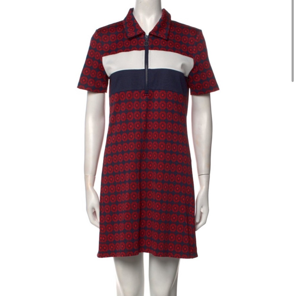 Tory Sport Red and Navy Geometric Polo Dress with White Stripe